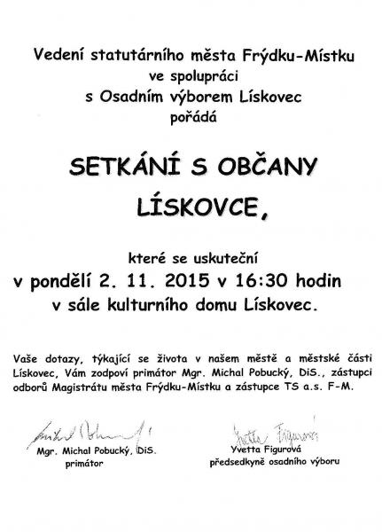 Setkání vedení města s občany Lískovce – 2. 11. 2015